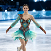 Robe de patinage artistique sur mesure vert menthe dégradé à manches longues avec strass, costume de concours de danse sur glace pour filles et femmes