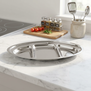 Stainless Steel Eco-Friendly Multi-Compartment Dishwasher Safe Classic Style Oval Serving <b>Plate</b> & Compartment Tray - Product Image 3