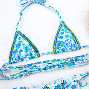 New Designer Print Basic <strong>Bikini</strong> With Pad Ties Details Crochet <strong>Trim</strong> Swimwear Scrunch Butt Swimsuit - Product Image 5