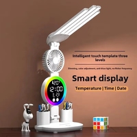 Lampe de bureau LED à quatre têtes avec calendrier, horloge et ventilateur, commande tactile, porte-stylo de table pour chambre, bureau, lecture, cadeau