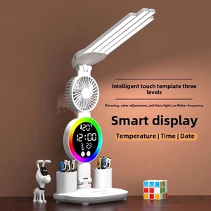 Four Head LED Desk Lamp With Calendar Clock and Fan Touch Control <strong>Table</strong> Pen Holder for Bedroom Study Reading Gift - Product Image 4