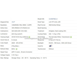 จอแสดงผล LCD รุ่น G140XTN01.0 ขนาด 14 นิ้ว ความละเอียด 1366*768 ของแท้ใหม่แกะกล่อง - Product Image 2