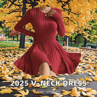 Robes décontractées pour femmes 2025, très tendance, en tricot uni teint, col en V, manches longues, taille naturelle, coupe trapèze, mini, automne