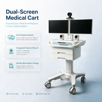 Chariot médical à double écran en alliage d'aluminium Meden M6 pour hôpitaux et cliniques, capacité de charge de 200 lb, plateau pour imprimante, tiroirs multiples