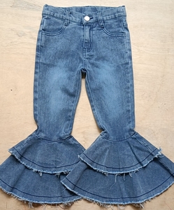 PRO Toddler <b>Bell</b>-Bottom Trousers Wide Leg Navy Blue Elastic Denim Jeans Baby Girl Flare Pants Girls Ruffles Pants for Kids - Product Image 4