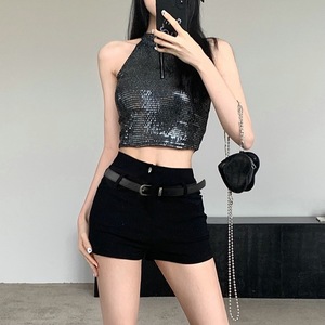 Completo Due Pezzi da <span class=keywords><strong>Donna</strong></span> Trendy: Top con Paillettes e Shorts Neri Sexy a Vita Alta, Aderenti e Snellenti, Stile Spice Girls - Product Image 2