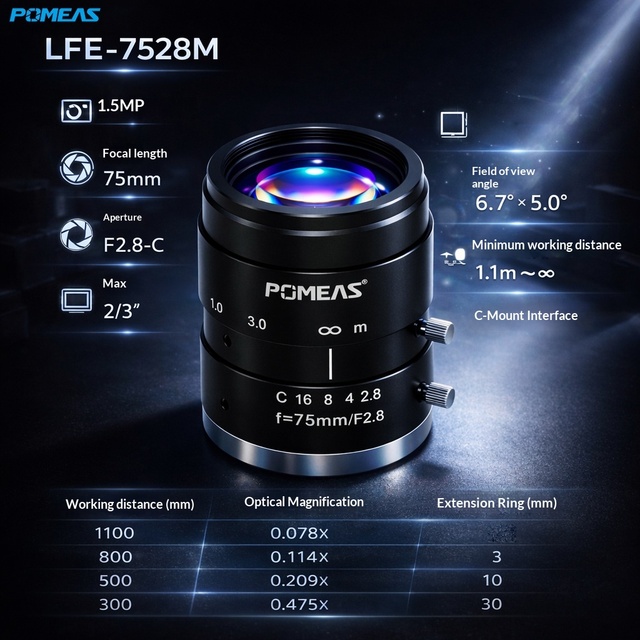 Pomeas PMS-LFE-7528M Machine Vision Lens FA Lens for Inspection Scanning Industrial Camera Lens with C-mount 2/3" Sensor Size