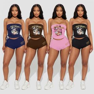 Ensemble deux pièces vintage Y2K 2026 pour femme, imprimé tatouage, sexy, avec haut bustier et short moulant à cordon de serrage - Product Image 2