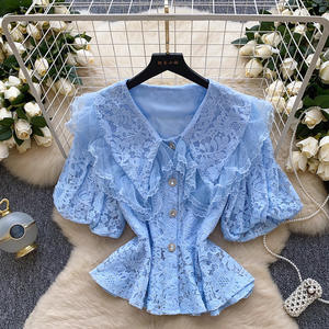 Chemisier à col Peter Pan en dentelle et manches bouffantes pour femme, avec ourlet à volants, tendance - Product Image 4