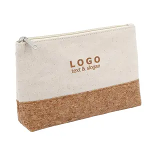 Özel doğal tuval mantar makyaj tuvalet organizatör kılıf çanta toplu geri dönüşümlü fermuarlı Logo baskılı eko seyahat benzersiz hediye çantası
