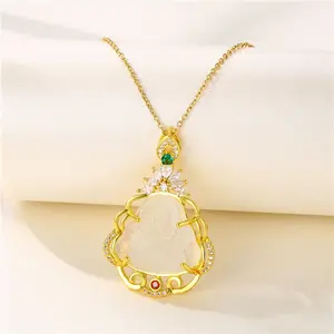 Hot Selling New 18K Gold Plated Stainless Steel CZ Zircon Pave White Jade Maitreya Buddha Pendant Necklace For Gift