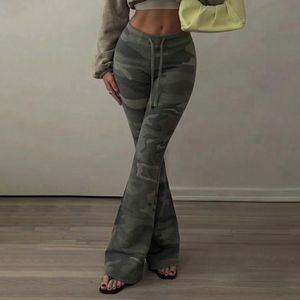 Womens Summer Loose Camo Flare Pants with <b>Drawstring</b> Waist High Waist Stretchy Bootcut <b>Trousers</b> Y2K Streetwear Casual Bottoms - Product Image 1