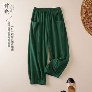 Cropped Trousers Women Cotton Linen Loose Fit Harem Pants Artistic Casual Breathable With Pockets Blue Green Raw Linen Black - Product Image 2