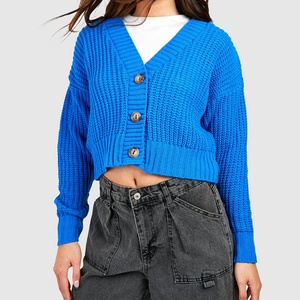 Cardigan en tricot ample à col en V boutonné pour femme, couleur unie, style décontracté, tricoté à grosses mailles, vente en gros - Product Image 4