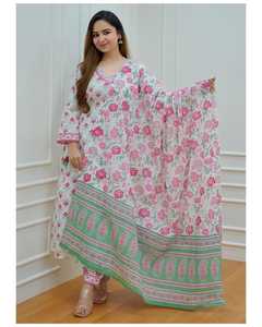 White-Pink Floral Afghani Suit Set Which Is Decorated with Paired with <b>Matching</b> Afghani Pants and Dupatta - Product Image 1