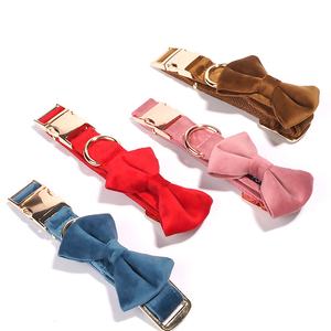 Luxe Hondenhalsbandset Private Label Fluwelen Kraag Met Metalen Clip En Logo Metalen Gesp Hondenhalsband Met Vlinderdas - Product Image 3