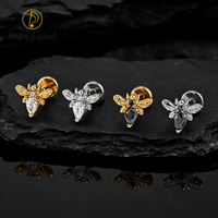 Cincin Labret Titanium Ulir Dalam Model Bee Drop Hitam CZ 16G Flat Back untuk Tindik Tulang Rawan, Conch, Helix, Bibir