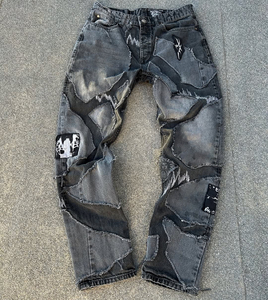 <span class=keywords><strong>Jeans</strong></span> baggy personnalisés pour hommes, style streetwear, noir, Y2k, délavé, brodé, déchiré, patché, vintage, denim ample - Product Image 1