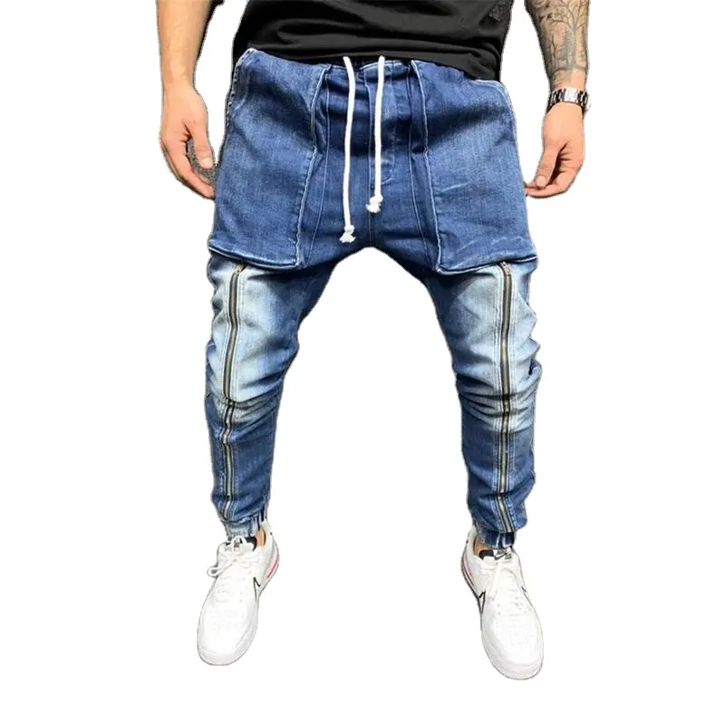 Street Style Mens Hip Hop Sweat Pants Drawstring Zipper Joggers Sports Male Denim Cargo Pocket Trousers Men's Jeans