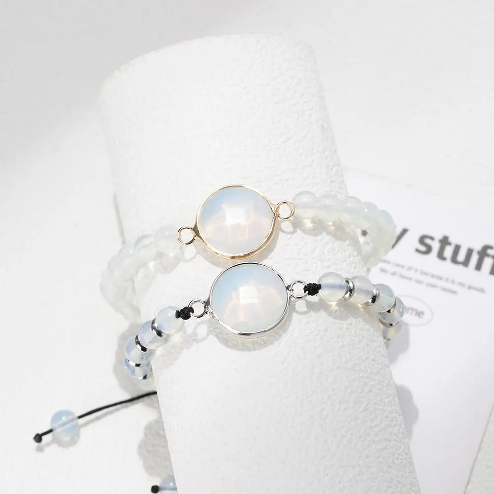 Bela Opala Opalita gemstone Handmade Pulseiras Stretchable E Corda Tecido Branco Opala Cristal Pulseiras para As Mulheres