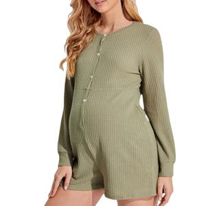 Pyjama de maternité en coton gaufré à manches lanternes, combinaison boutonnée sur le devant, grande taille, pour femmes enceintes - Product Image 1