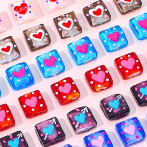 Memory 15mm Square Glass Beads With Heart Polka Dot Design For DIY Bracelets And Necklaces - Product Image 2