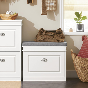 White Entryway Shoe Storage <strong>Bench</strong> with Flip Drawer &amp; Cushion, Narrow <strong>Small</strong> Shoe Cabinet Rack for <strong>Hallway</strong> - Product Image 1