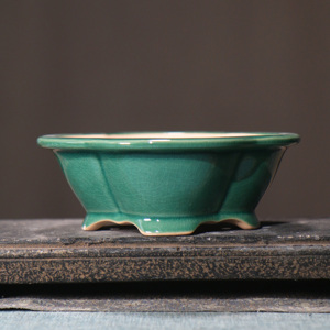 Pot à bonsaï en céramique, finition craquelée verte, style zen, pot de fleurs - Product Image 1