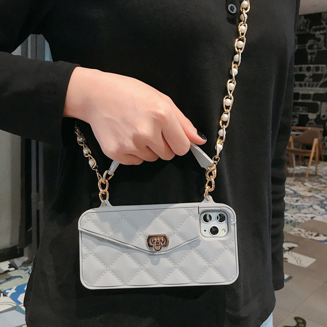 Wallet Phone Case Cute Luxury Bag Design Purse Flip Card Pouch Cover Soft Silicone Case with Handstrap Long Shoulder Strap