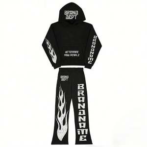 Ensemble de jogging évasé patchwork en coton vieilli personnalisé pour hommes, sweat à capuche court, pantalon de survêtement, broderie, appliques, décontracté pour l'automne - Product Image 2