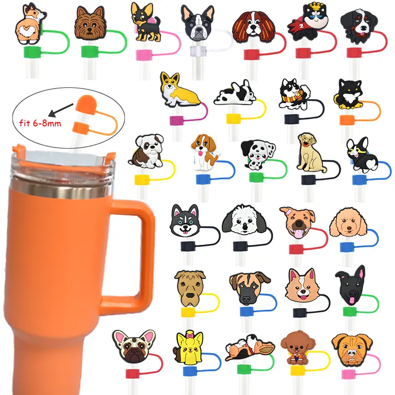6-8mm 도매 Kawaii 개 빨대 매력 동물 실리콘 밀짚 토퍼 도매 애완 동물 귀여운 무료 Opp 가방 제공