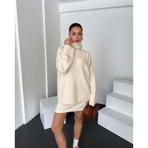 Pink Turtleneck <b>Sweater</b> And Skirt Two Piece Set Women Acrylic <b>Woolen</b> Fabric Natural Waistline - Product Image 2