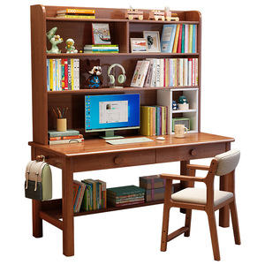 Bureau et étagère combinés en bois massif, noyer gris et blanc, meubles de rangement pour enfants, bureau d'étude au design minimaliste - Product Image 5