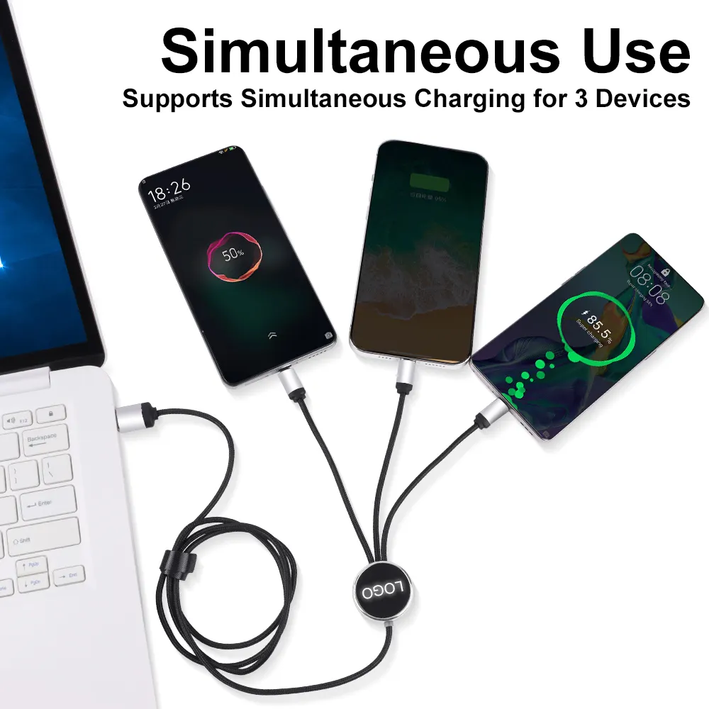 Regali promozionali Custom Glow Multi telefono caricabatterie Nylon universale USB 3 in 1 LED luce verso l'alto Logo cavo di ricarica