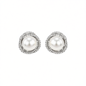 Pendientes de Oro E3078 con Perla Cultivada Blanca, Engaste Redondo Clásico, Joyería de Boda para Mujer - Product Image 1