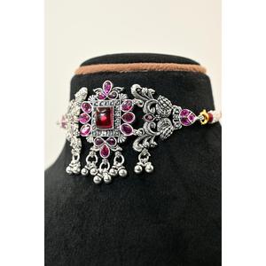 Flower Pattern Oxidised Chik Set <b>Silver</b> <b>Choker</b> Necklace With Red Cubic Zirconia For Women Party Jewelry Vintage Style - Product Image 4