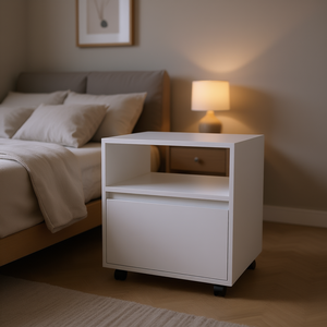 Mesita de noche blanca con 1 cajón y ruedas, muebles de dormitorio minimalistas modernos - Product Image 2