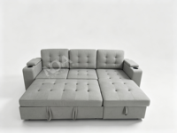 Modernes Getuftetes Schlafsofa mit Stauraum-Chaiselongue und Getränkehaltern, Ausziehbare Schlafcouch für Kleine Wohnzimmer und Apartments