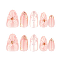 Autocollants 3D pour ongles en forme de fleur rose plaquée argent avec perles lumineuses, ongles courts en forme d'amande, lot de 30 pièces, vente en gros, ongles à presser