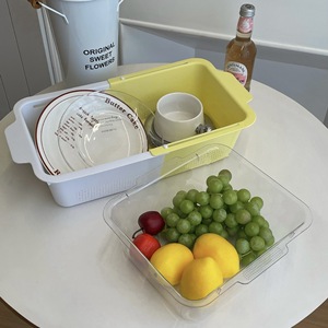 ตะแกรงระบายน้ำสองชั้น ตะกร้าพลาสติกใส่ผักผลไม้ มีฝาปิด สำหรับเก็บของในครัว สีขาว เหลือง ชมพู - Product Image 4