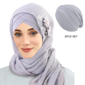 Grosir kustom 2 buah bunga payet Undercap mengintegrasikan jilbab penutup kepala Muslim Visor Turban Hijab warna Solid untuk wanita