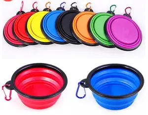 Portable Silicone Pet Travel Feeding Bowl with carabiner for outdoor food and water can be collapsible with mixed colors