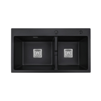 Évier de cuisine rectangulaire noir en granit composite de haute qualité, à double bac, deux trous, 33*18*9 pouces, épaisseur 10 mm, à poser en surplomb
