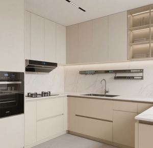 Ensemble de cuisine moderne en forme de U SANTOPOVA, beige, avec plan de travail blanc - Product Image 2