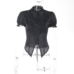 Kemeja Sweet Lolita Wanita Vintage Gothic Hitam Putih Jacquard Blus Lengan Pendek Elegan Atasan Kantor Wanita Y2k - Product Image 4