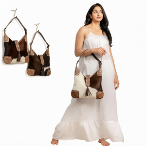 Bolso de hombro de piel de vaca con patrón de vaca bordado, bolso Hobo con decoración de borlas para viajes, compras, playa, uso diario - Product Image 1