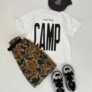 Conjunto <span class=keywords><strong>de</strong></span> verano personalizado para niños, camiseta blanca <span class=keywords><strong>de</strong></span> algodón CAMP, pantalones cortos <span class=keywords><strong>de</strong></span> camuflaje, <span class=keywords><strong>gorra</strong></span> audaz y valiente, traje <span class=keywords><strong>de</strong></span> juego <span class=keywords><strong>de</strong></span> algodón puro - Product Image 2