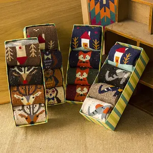 4 Pairs Cartoon Winter Wool Knitted Warm Owl Fox Animal Socks