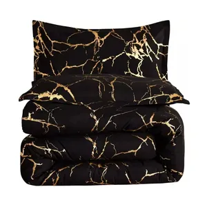 Hot Selling Marble texture mixes with gold metallic foil style black King comforter sets for Home