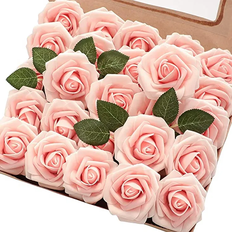 Fiori artificiali 25pcs rose finte in schiuma arrossita dall'aspetto reale con steli per bouquet da sposa fai da te doccia nuziale rosa KZH365